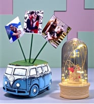 Kişiye Özel Hediye Seti 3 Fotoğraflı Mavi Vosvos Saksı ve Led Işıklı Fanus (Model 2)