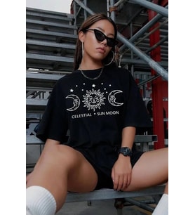 Unisex Baskılı Oversize T-Shirt - Siyah
