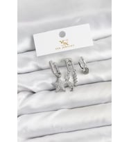 Pirinç Gümüş Renk Zirkon Taşlı Yıldız Vintage Model YSX Trio Küpe Seti - TJ-BKP11563