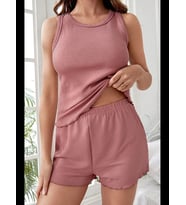 Fantezia Night Kadın Tozlu Pembe Kenarları Fırfırlı Şortlu Kaşkorse Gecelik Takımı