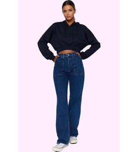 Kadın Pamuk Denim Jean Pantolon Basic Yüksek Bel Geniş Paça Yaz Aylarının Vazgeçilmezi (Lacivert)