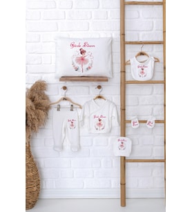 Pia Baby Premium %100 Pamuk İsme Özel Kız Bebek Hediye Seti Zıbın Yastık Kılıfı 5061-06 (Ekru)