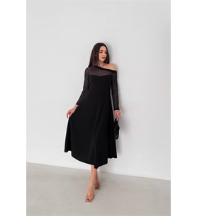 Neşeli butik kadın siyah transparan detaylı tek omuz uzun kollu midi boy elbise