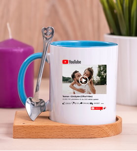 Kişiye Özel Youtube Tasarım Fotoğraflı Ahşap Altlıklı Mavi Kupa Bardak