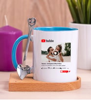 Kişiye Özel Youtube Tasarım Fotoğraflı Ahşap Altlıklı Mavi Kupa Bardak