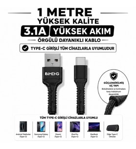İmeng 3A UsbA to Type-C Pro Braided Örgülü Data ve Hızlı Şarj Kablosu Siyah