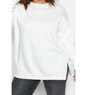 Büyük Beden Oversize Bisiklet Yaka Standart Kol Kalın İçi Polarlı Yırtmaçlı Örme Sweatshirt