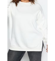 Büyük Beden Oversize Bisiklet Yaka Standart Kol Kalın İçi Polarlı Yırtmaçlı Örme Sweatshirt