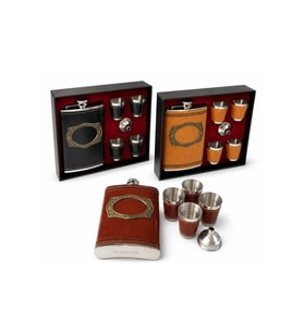 Kişiye Özel Matara 4 Shot Bardaklı Derili 9 Oz ( 266 Ml ) - 21x17cm