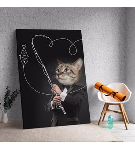 Kedi Kafalı Balık Tutan İş Adamı Dekoratif Tablo