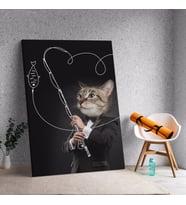 Kedi Kafalı Balık Tutan İş Adamı Dekoratif Tablo