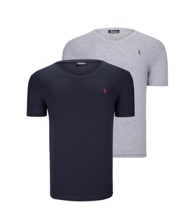 İKİLİ SET T8568 DEWBERRY V YAKA ERKEK T-SHIRT-LACİVERT - GRİ (Lacivert-Gri)