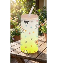 Sevimli Kedi Figürlü Buzlu Cam Suluk – 600 ml Cam Pipetli & Bambu Kapaklı