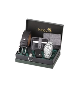 Polo Air Mercek Takvimli Erkek Kol Saati Cüzdan Kemer Kartlık Anahtarlık Çakmaklı Set Gümüş Gri Renk PL-7088E4