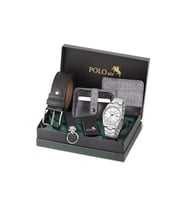 Polo Air Mercek Takvimli Erkek Kol Saati Cüzdan Kemer Kartlık Anahtarlık Çakmaklı Set Gümüş Gri Renk PL-7088E4