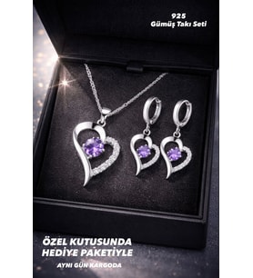 925 Ayar Damgalı Gümüş Kaplama  Mor Zirkon Taşlı Kalp Tasarım Kolye Küpe Takı Seti – Işıltılı Şık Hediye (Mor-Gümüş)