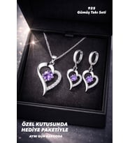 925 Ayar Damgalı Gümüş Kaplama  Mor Zirkon Taşlı Kalp Tasarım Kolye Küpe Takı Seti – Işıltılı Şık Hediye (Mor-Gümüş)