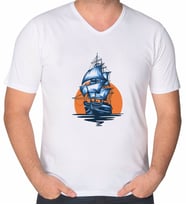 BK Gift Gemi Tasarımlı V Yaka Tişört-1 (Beyaz)