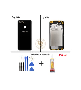 Oppo A5S Siyah Uyumlu Lensli Orta Kasa + Yapıştırıcı ve Vida Seti Full Kasa Kapak Gövde Housing