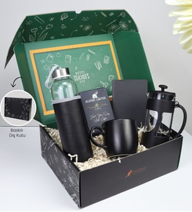 Özel Deri Kılıflı 500Ml Su Matarası & Alerya Premium Filtre Kahve & Siyah French Press & Siyah Kupa & Dikişli Mini Not Defteri Hediye Seti