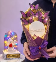 Size Özel Renkli Led Işıklı Fanus ve Aynalı Led Işıklı Kelebek Buketi Seti (Model 8)