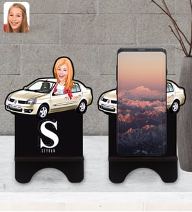 BK Gift Kişiye Özel Plakalı Kadın Renault Symbol Karikatürlü Ahşap Biblo Telefon Standı-1