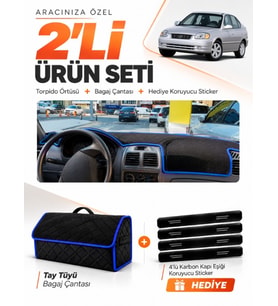 HYUNDAİ ACCENT ADMİRE-MİLENİUM (2000-2006) Uyumlu Torpido Örtüsü + Tay Tüyü Çanta Seti - Siyah Mavi