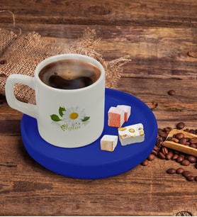 BK Gift Kişiye Özel Mavi Sunum Tabaklı Papatya Temalı Türk Kahvesi Fincanı Model 4
