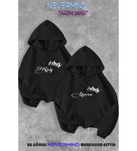 Sevgili Çift Kombini Kinq Queen Özel Baskılı Kapüşonlu Sweatshirt 2li Set Takım (Siyah)
