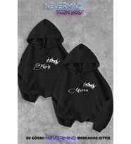Sevgili Çift Kombini Kinq Queen Özel Baskılı Kapüşonlu Sweatshirt 2li Set Takım (Siyah)