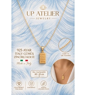 925 Ayar Gümüş İthal Zincirli Gold Külçe Kolye 40-45cm Ayarlanabilir