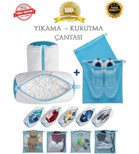 Çok Amaçlı Yıkama Çantası ve Kurutma Filesi, 2'si 1 Arada Takım, Mavi, XL Boyut