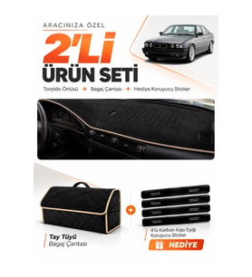 BMW E34 (1988-1996) Uyumlu Torpido Örtüsü + Tay Tüyü Bagaj Çantası + Sticker Seti - Siyah Bej