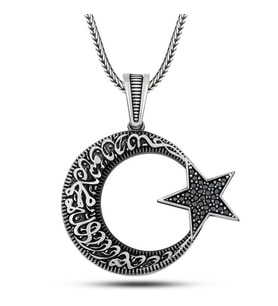 Gümüş Kelime-i Tevhid Yazılı Taşlı Erkek Kolye