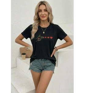 Minimal Kalp İşaret Baskılı Tişört Kısa Kol Yazlık T-Shirt - Siyah