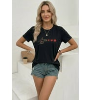 Minimal Kalp İşaret Baskılı Tişört Kısa Kol Yazlık T-Shirt - Siyah