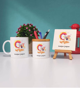 Grafiker Tasarımlı Kişiye Özel Hediye Grafiker Kupa Bardak Kalemlik ve Dekoratif Taş Baskı Hediye Seti