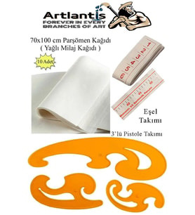 Eşel Takımı 3 lü Büyük Pistole Takımı ve 10 Adet Yağlı Kağıt Milaj Seti 1 Paket Eşel Cetveli Parşömen Kağıdı Moda Tasarı (Çok Renkli)