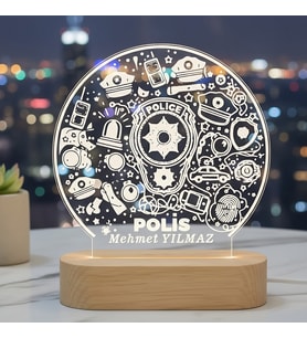 KİŞİSELLEŞTİRİLEBİLİR Polis Hediye 3D LED Lamba - Meslek Temalı Dekor (Şeffaf)