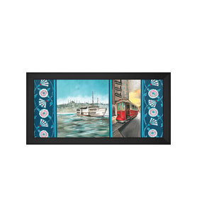 İstanbul Boğaz Vapuru ve Tramvay Motifli Kanvas Tablo 80 x 110 cm Siyah Çerçeve
