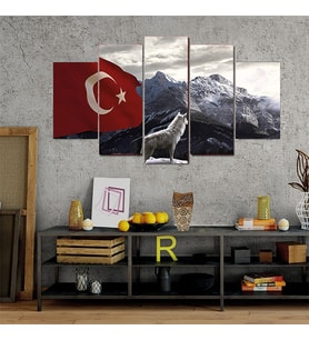 Türk Bayrağı ve Bozkurt Resimli 5 Parçalı Mdf Tablo Seti