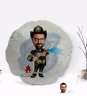BK Gift Kişiye Özel İtfaiyeci Karikatürlü Yuvarlak Dekoratif Kırlent Yastık-1