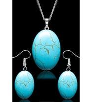 Sertifikalı Oval Model Firuze Taşı Kolye ve Küpe Seti - Gümüş Aparatlı (Çok Renkli)