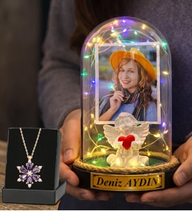 Kişiye Özel Renkli Led Işıklı Beyaz Melekli Fanus ve Gerçek Ametist Taşlı Lotus Kolye