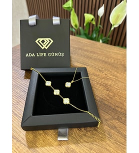 (ÇANTALI KUTU)925 Ayar Gümüş 18ayar Gold Kaplama Beyaz Taşlı 2 Li Yonca Set 3 sıra Bil-Kol