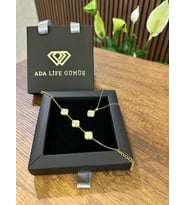 (ÇANTALI KUTU)925 Ayar Gümüş 18ayar Gold Kaplama Beyaz Taşlı 2 Li Yonca Set 3 sıra Bil-Kol