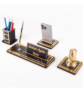 Vista Atatürk Biblolu Gold Ahşap Masa İsimliği Seti Mermer Desenli Ofis Hediyesi Masa üstü İsimlik