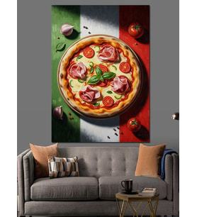 İtalyan Bayrağı Üzerinde Taze Pizza Dekoratif Kanvas - Mdf Ahşap Tablo