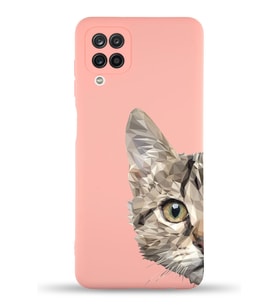 Samsung Galaxy A12 Uyumlu Lansman Kılıf Catface Tasarımlı İçi Kadife Kapak-Pembe (Şeffaf)