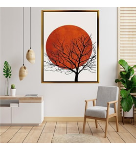 Tablore Japon Minimalist Kırmızı Güneş Ve Ağaç Silüeti Tablo Modern Çerçeveli Duvar Dekoru